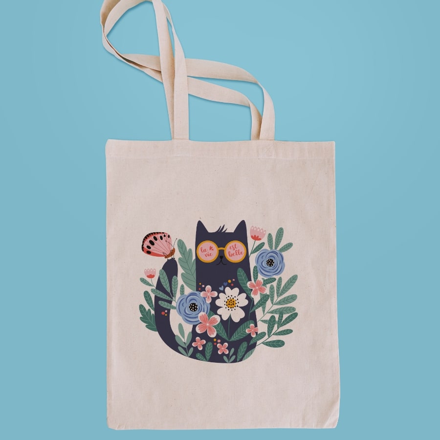 Floral cat tote bag