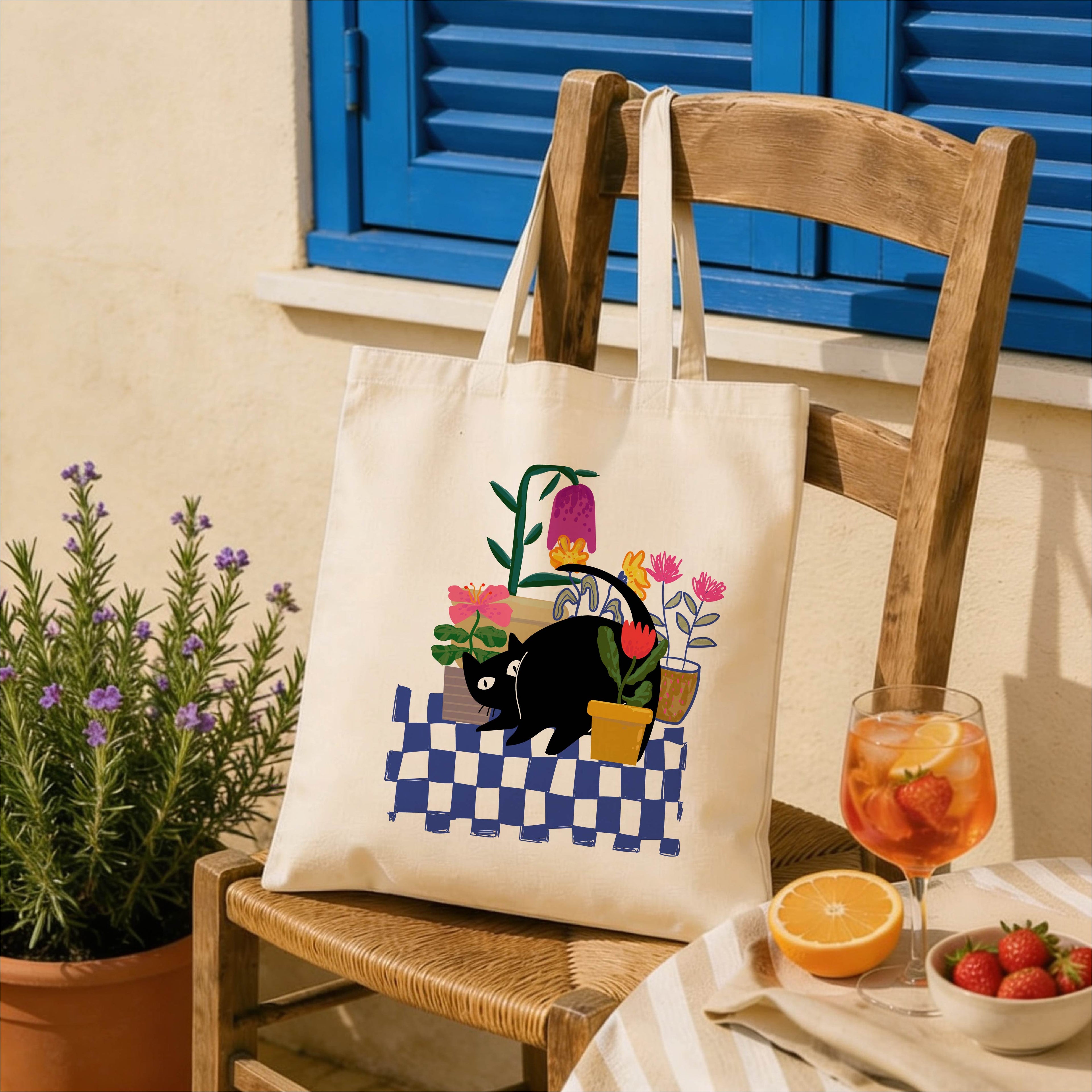 Cat & Floral Canvas Tote Bag